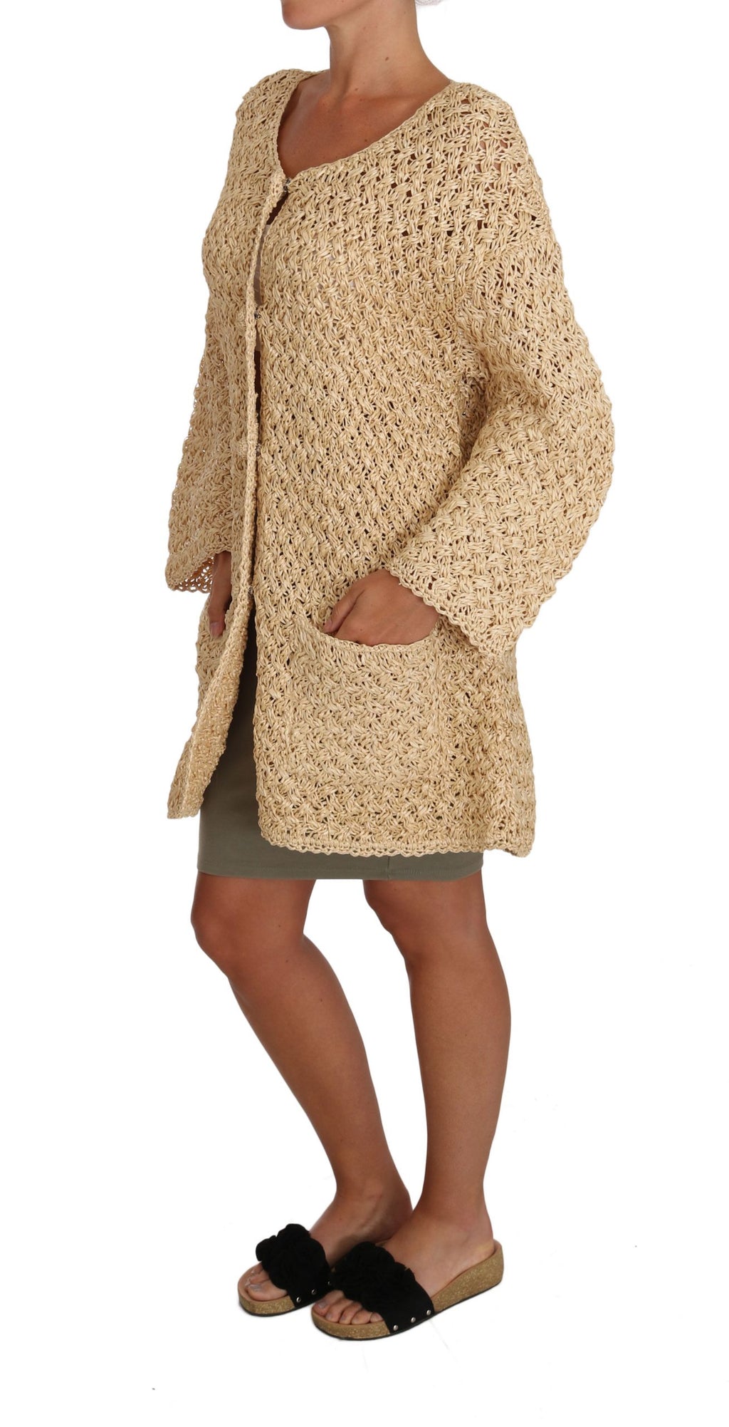 Dolce & Gabbana Beige Crocheted Knitted Raffia Cardigan