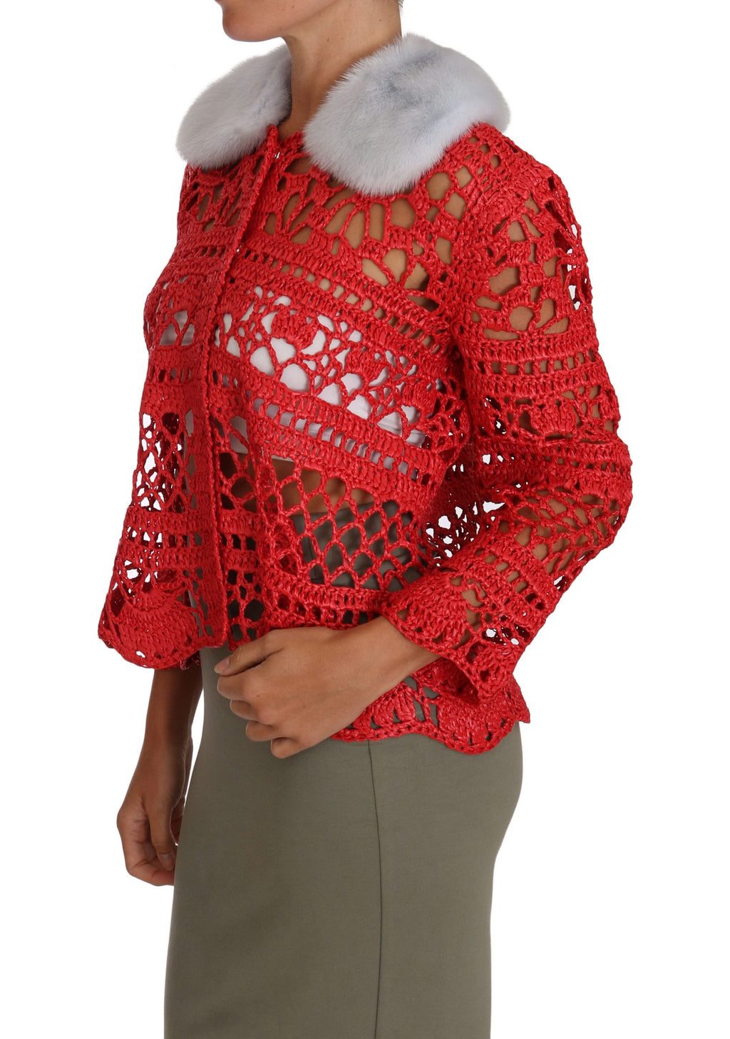 Dolce & Gabbana Rote Strickjacke gehäkelt gestrickt Raffia Pullover