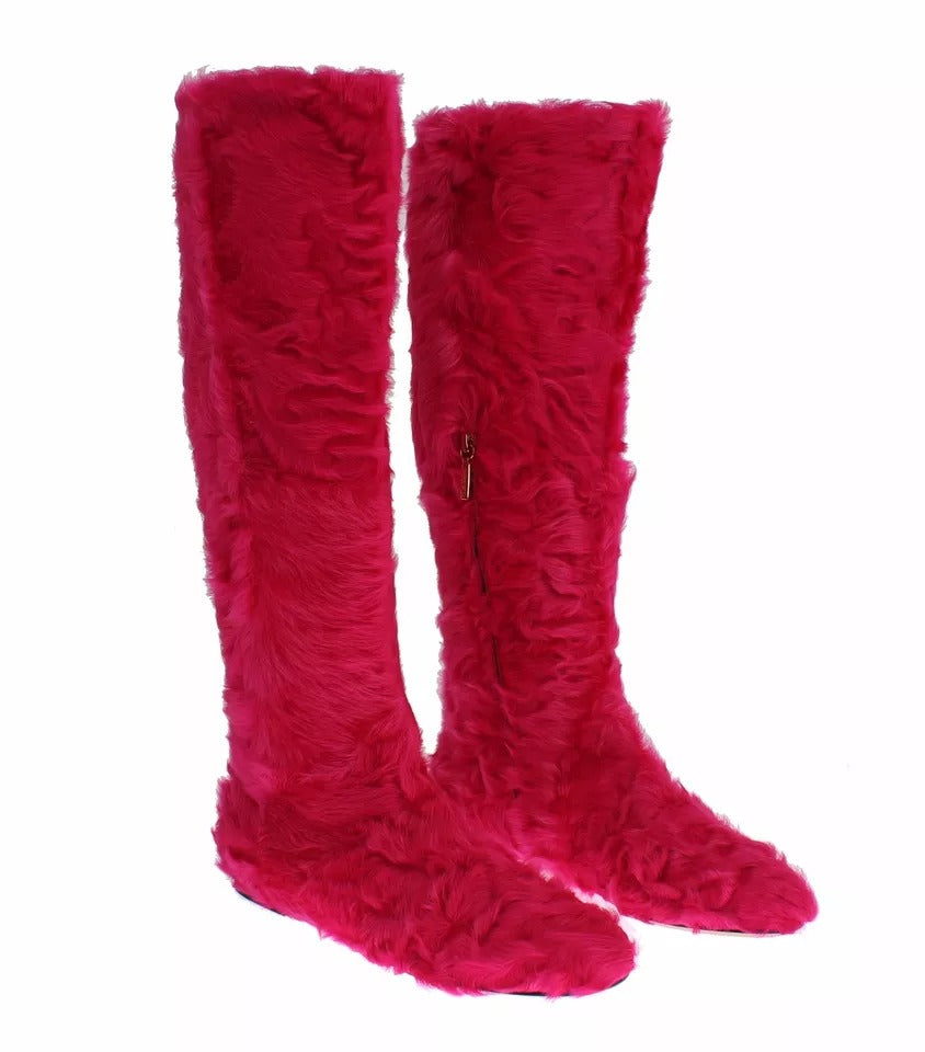 Dolce & Gabbana Pink Lambskin Leather Flat Boots Shoes