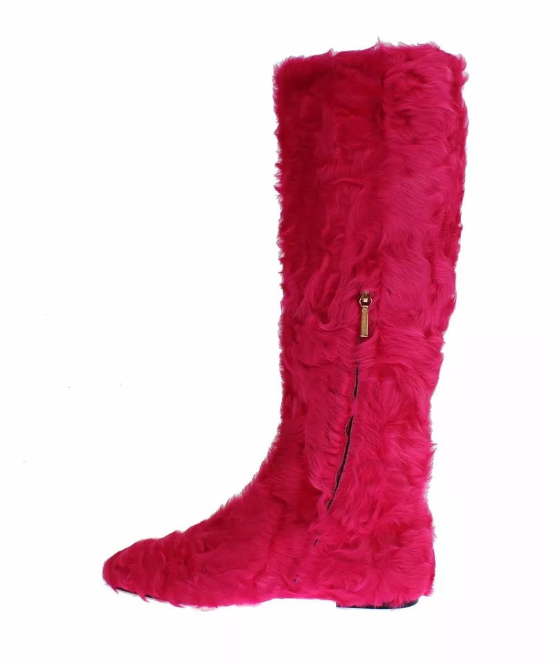Dolce & Gabbana Pink Lambskin Leather Flat Boots Shoes