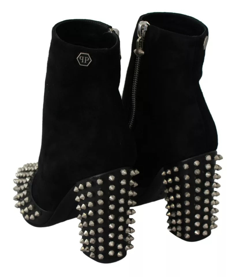 Philipp Plein Schwarz Wildleder Nieten Absätze Stiefeletten Schuhe
