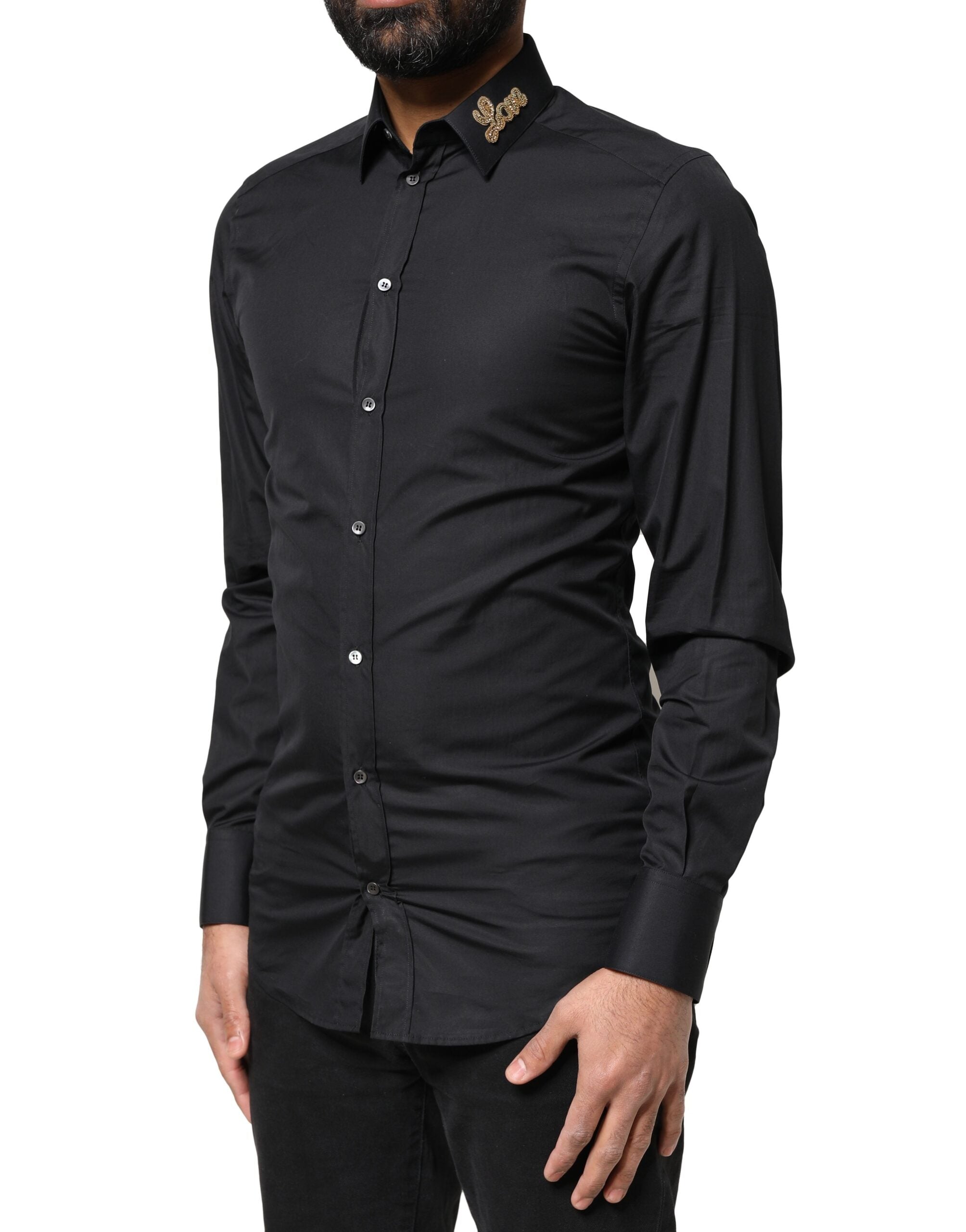 Dolce & Gabbana Black Love Embroidery Gold Formal Shirt