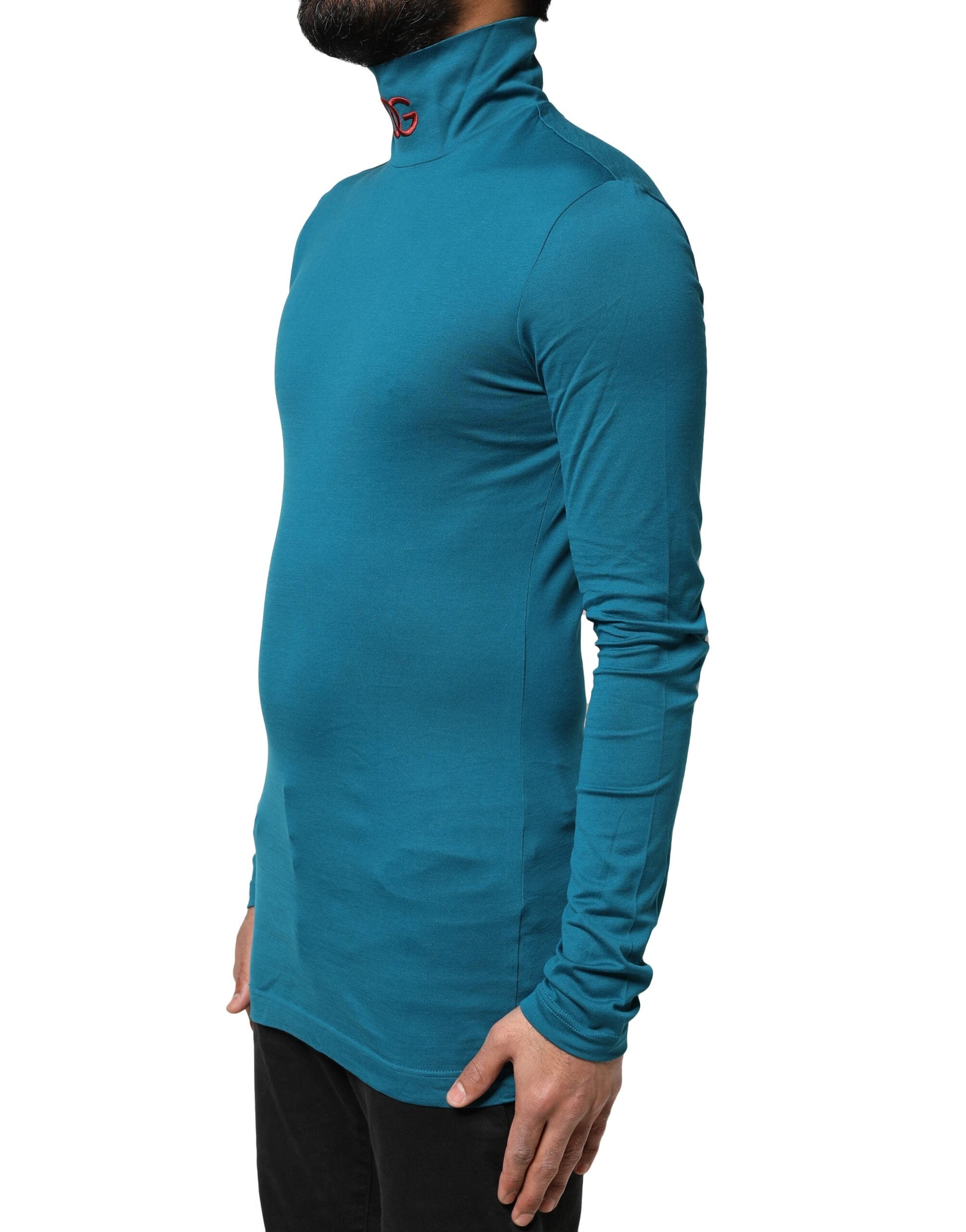 Dolce & Gabbana Blauer Baumwoll-Rollkragenpullover mit langen Ärmeln