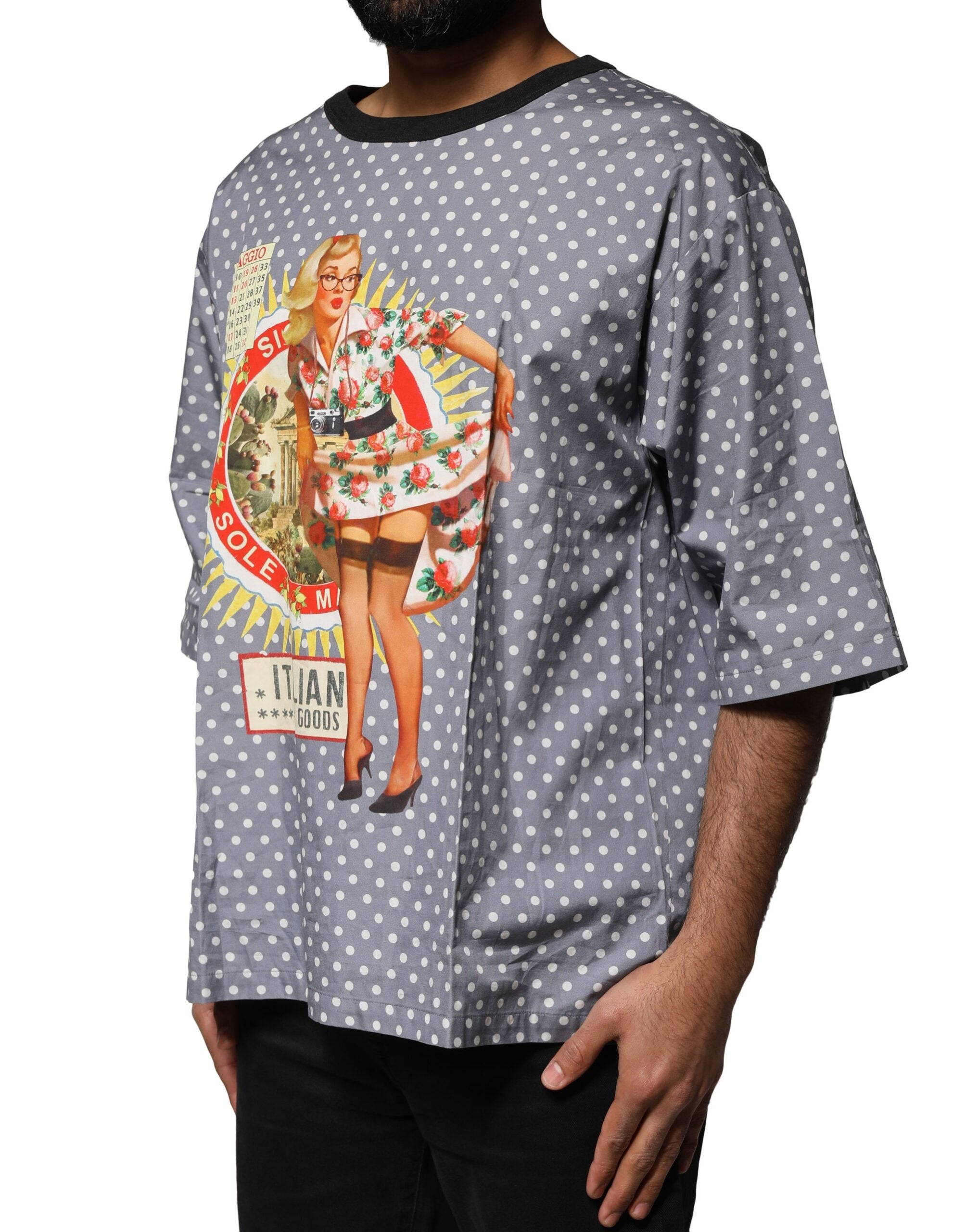 Dolce & Gabbana Graues Polka Dot Pin-Up Print T-Shirt mit Rundhalsausschnitt