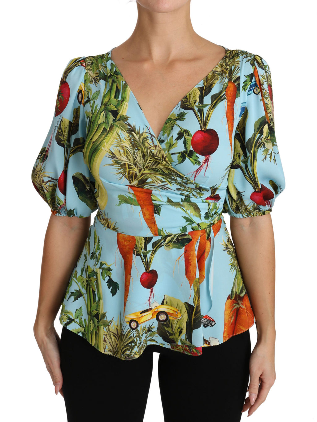 Dolce & Gabbana Mehrfarbiges Seidentop mit Gemüsedruck Schößchen-Wickelbluse