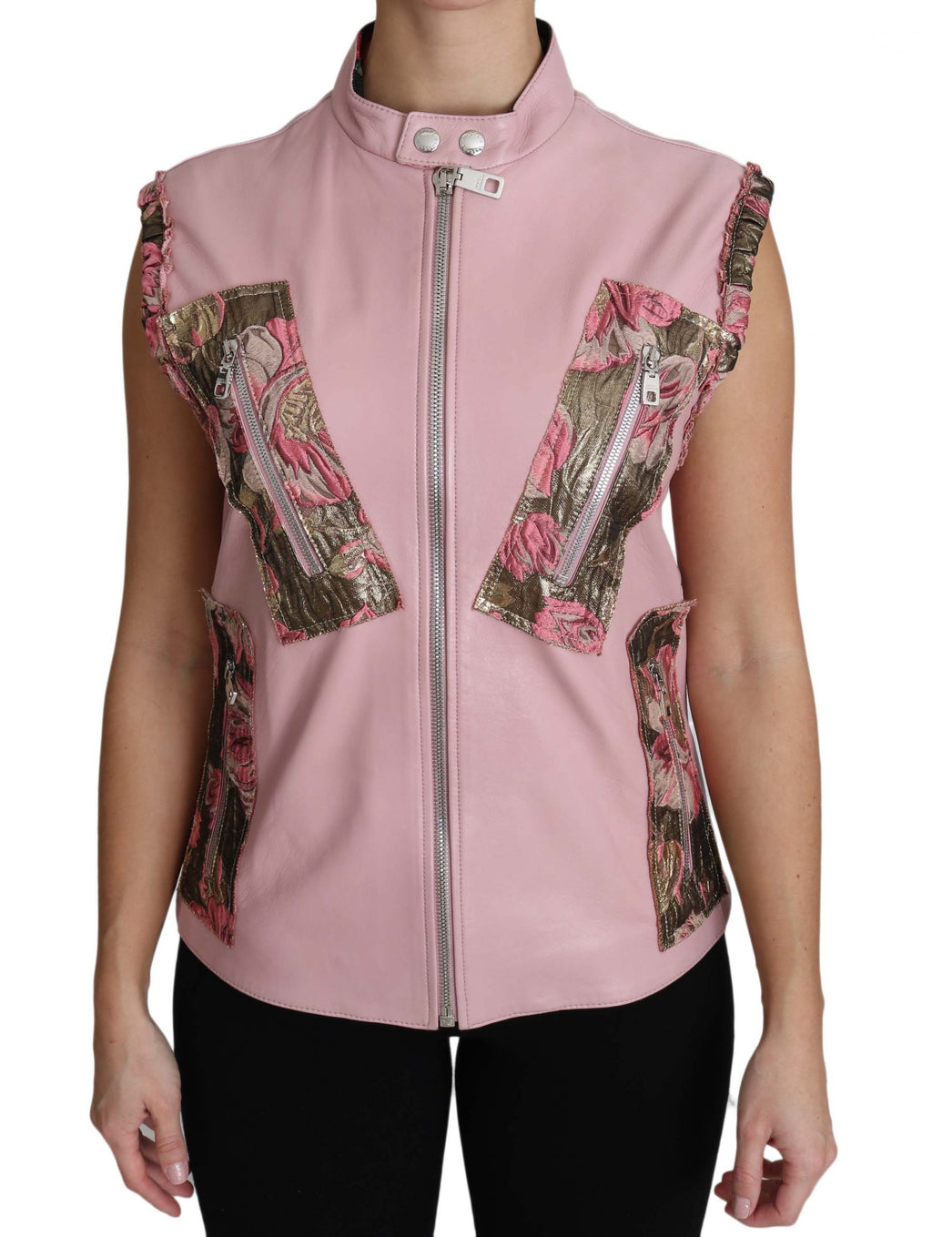 Dolce & Gabbana Rosa ärmellose Weste mit Reißverschluss aus Lammleder
