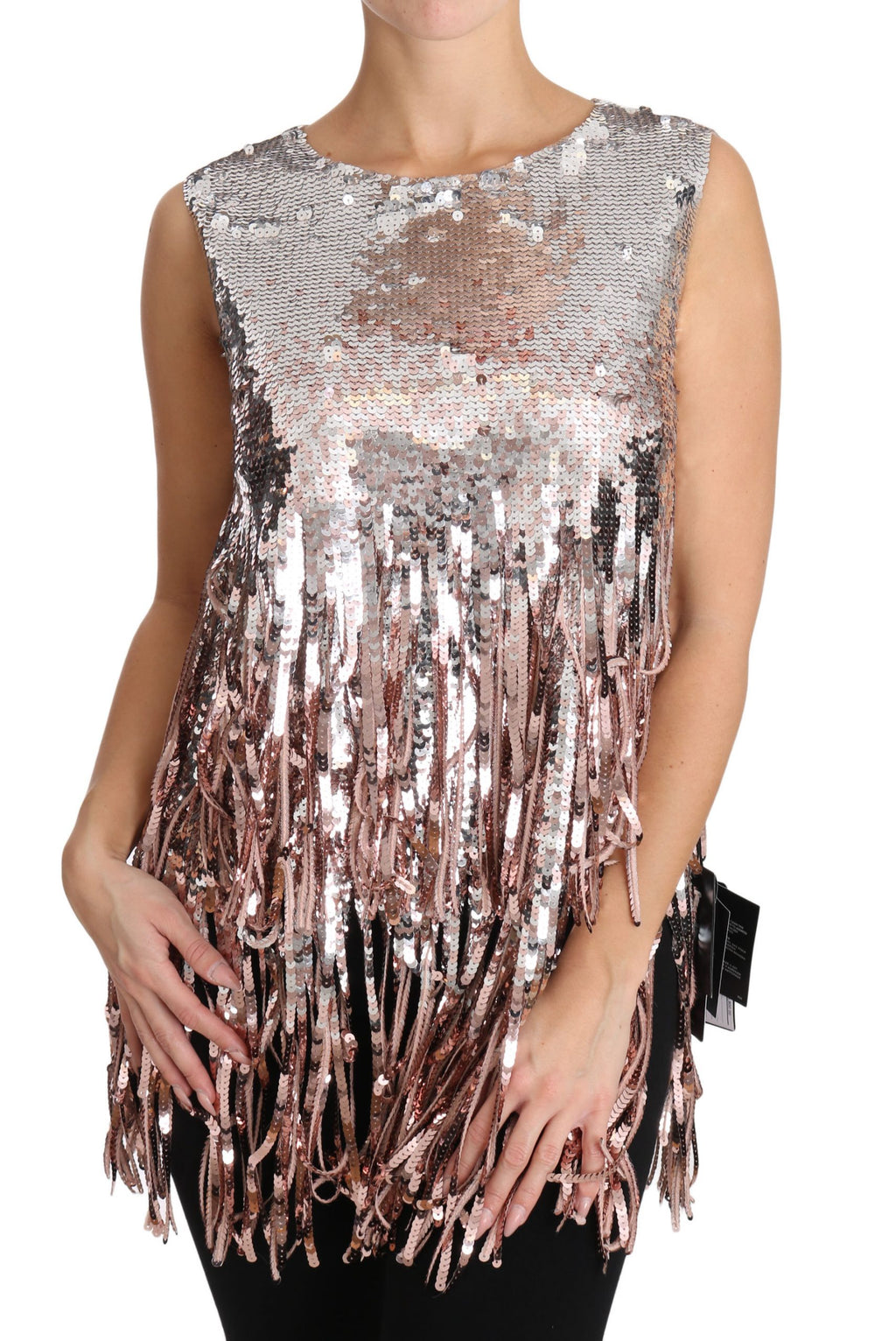 Dolce & Gabbana Gold Pink Sequin Fringe Tank Top