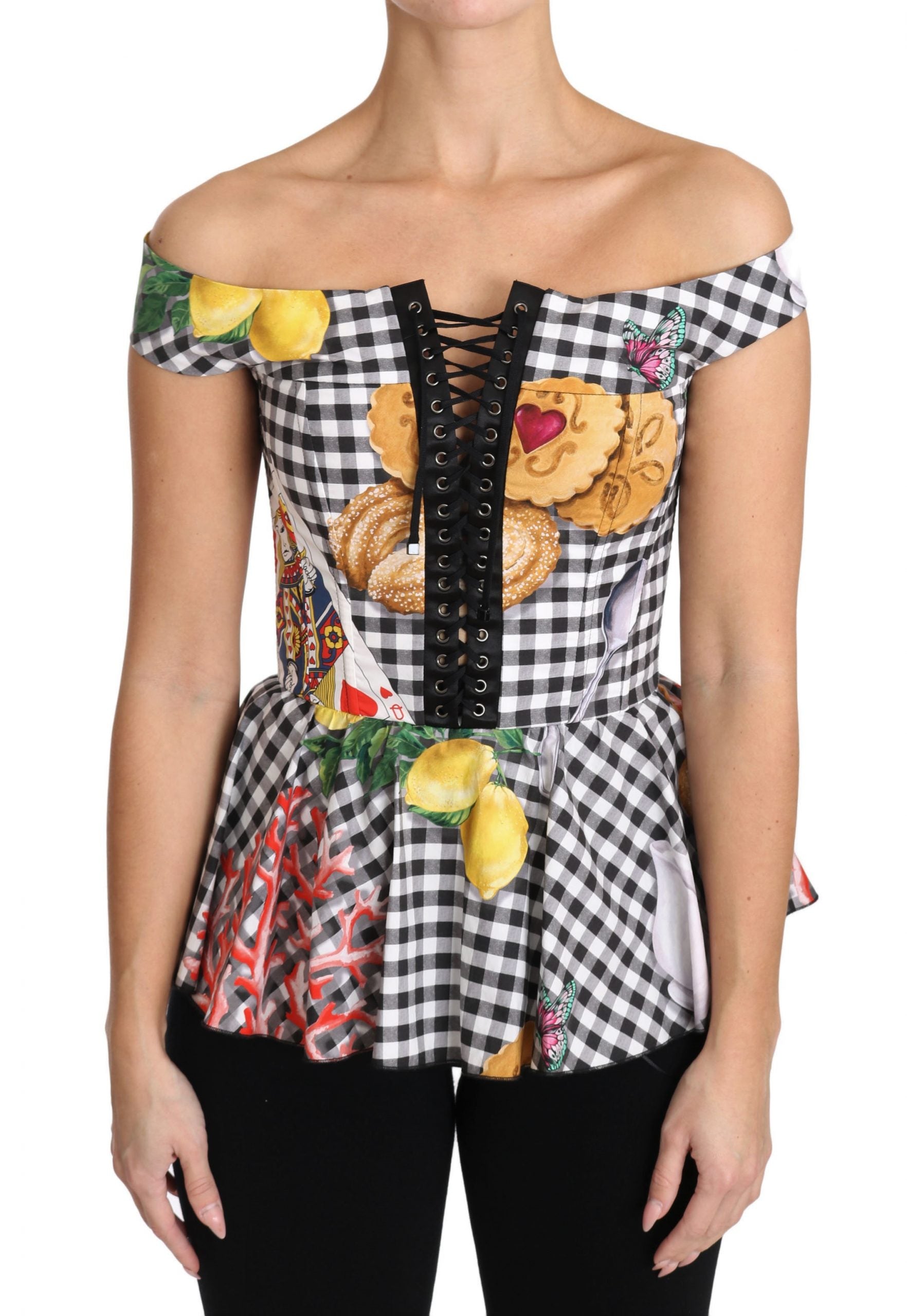 Dolce & Gabbana Schwarz-weiße Korsettbluse Sicily Lemon Check Top