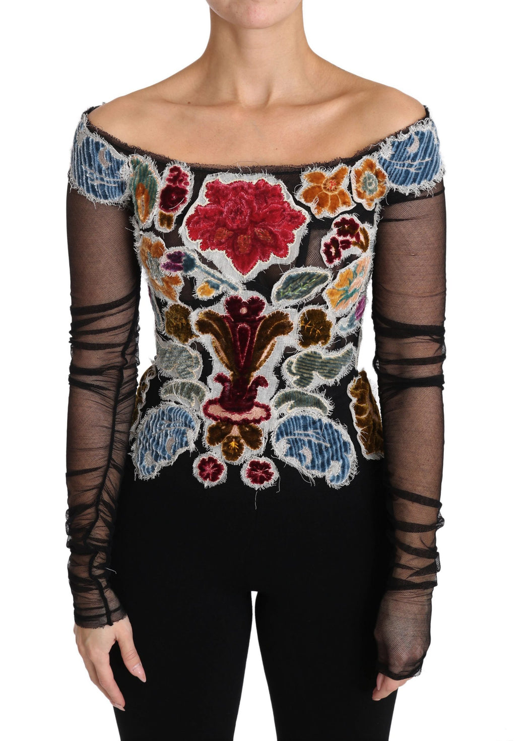 Dolce & Gabbana Schwarzes geblümtes Ricamo-Top T-Shirt Bluse