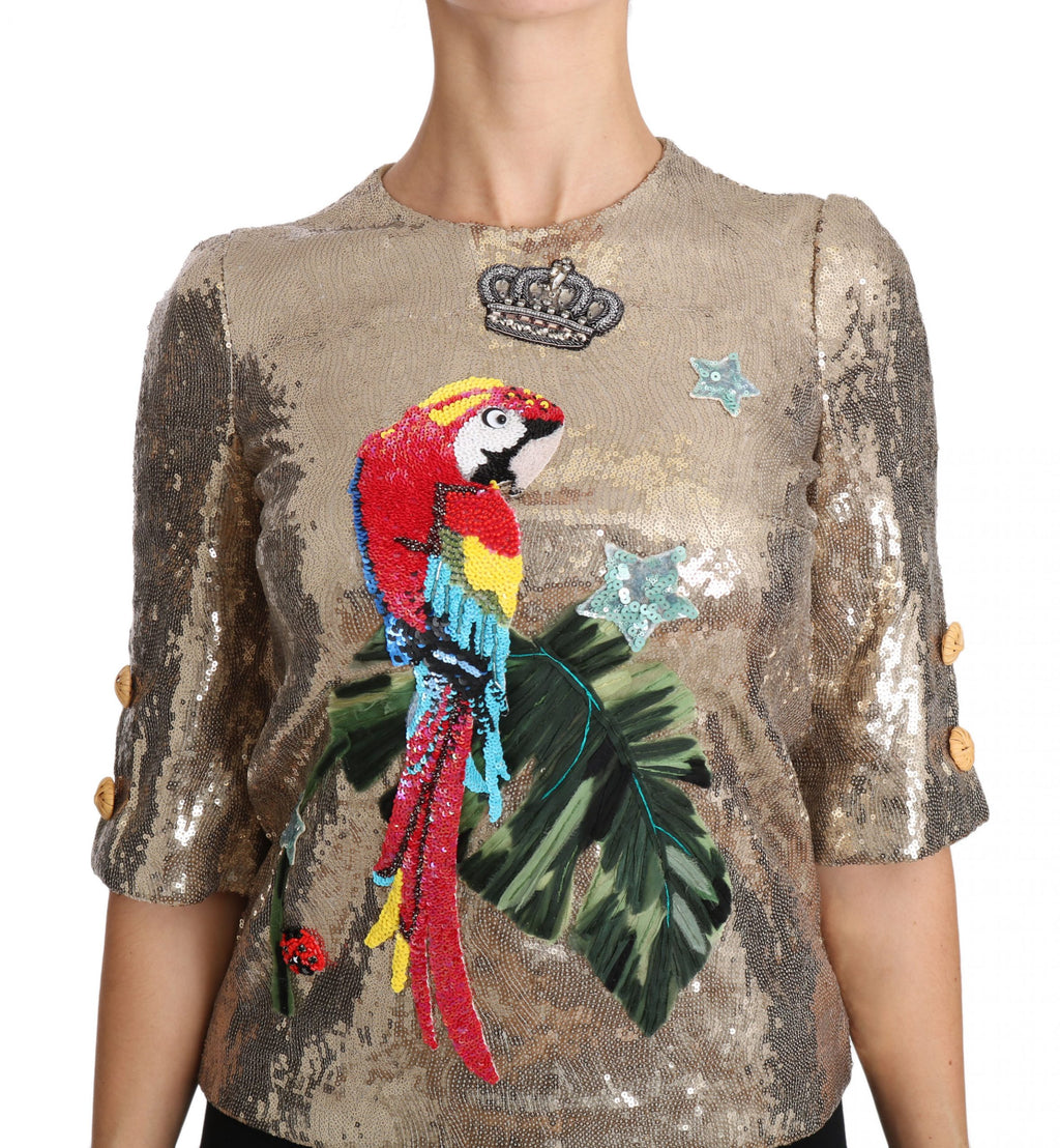 Dolce & Gabbana Gold Sequin Parrot Crystal Blouse