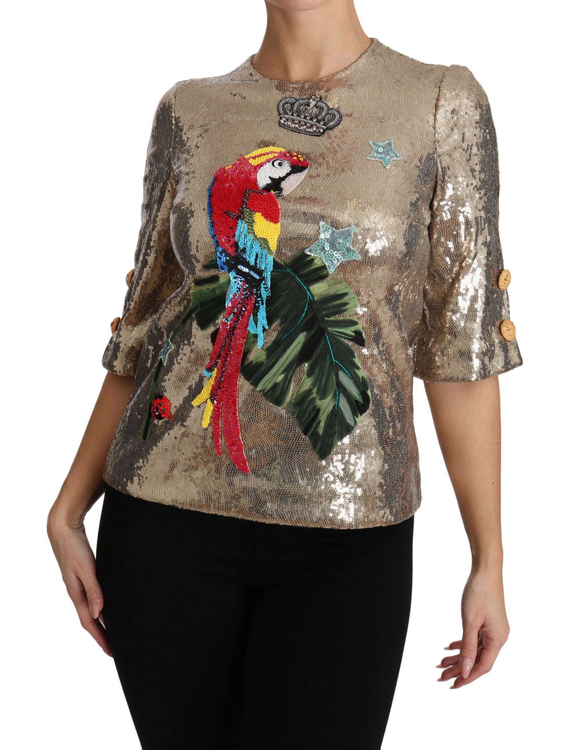 Dolce & Gabbana Gold Sequin Parrot Crystal Blouse