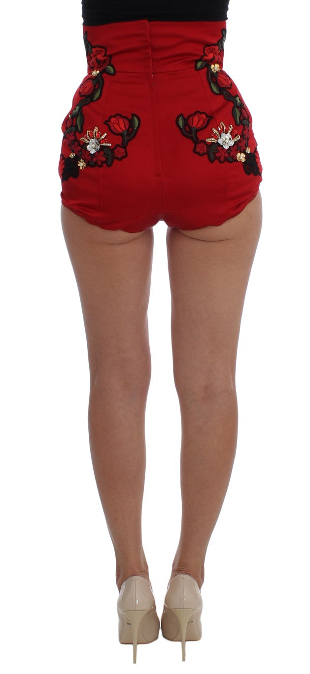 Dolce & Gabbana Red Silk Crystal Rose Shorts