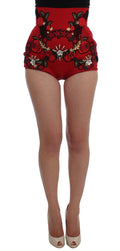 Dolce & Gabbana Red Silk Crystal Rose Shorts
