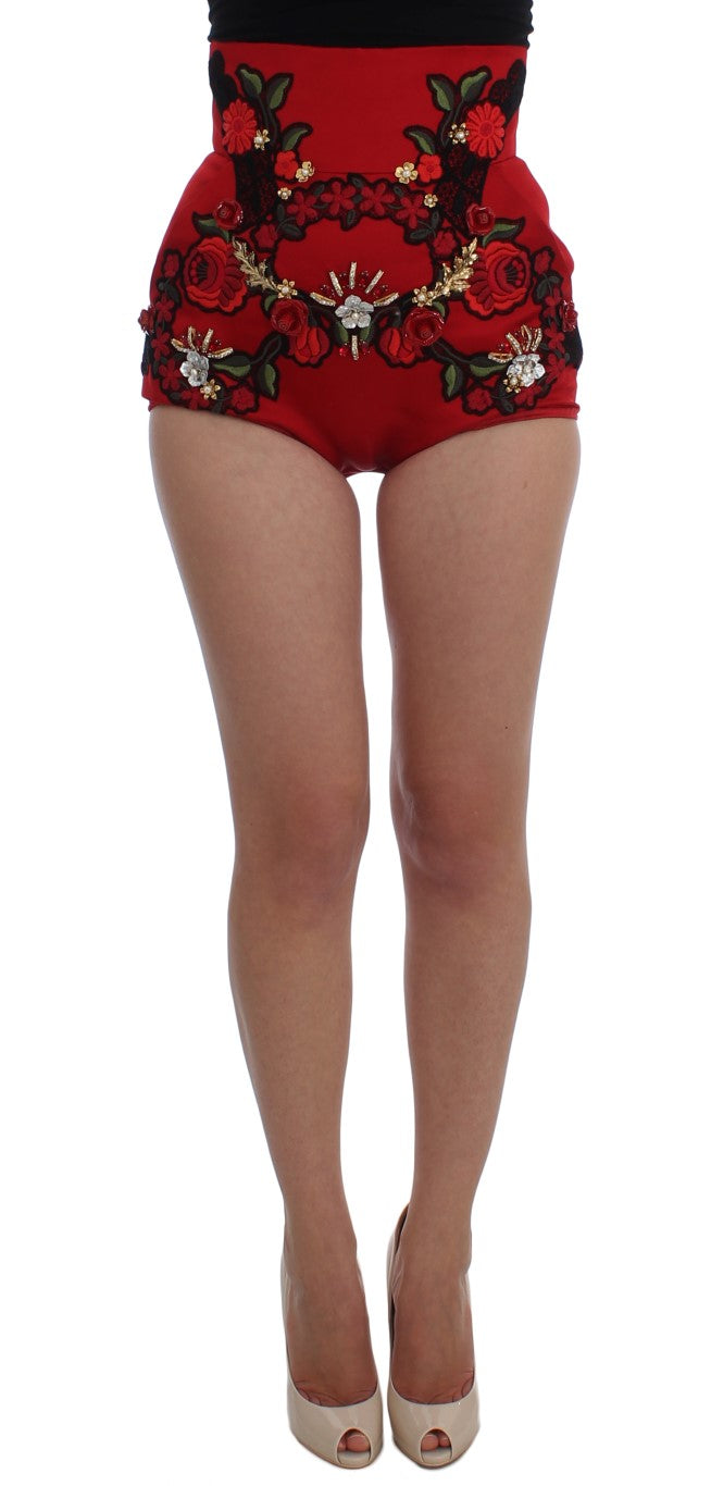 Dolce & Gabbana Red Silk Crystal Rose Shorts