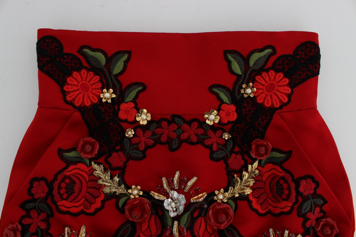 Dolce & Gabbana Red Silk Crystal Rose Shorts