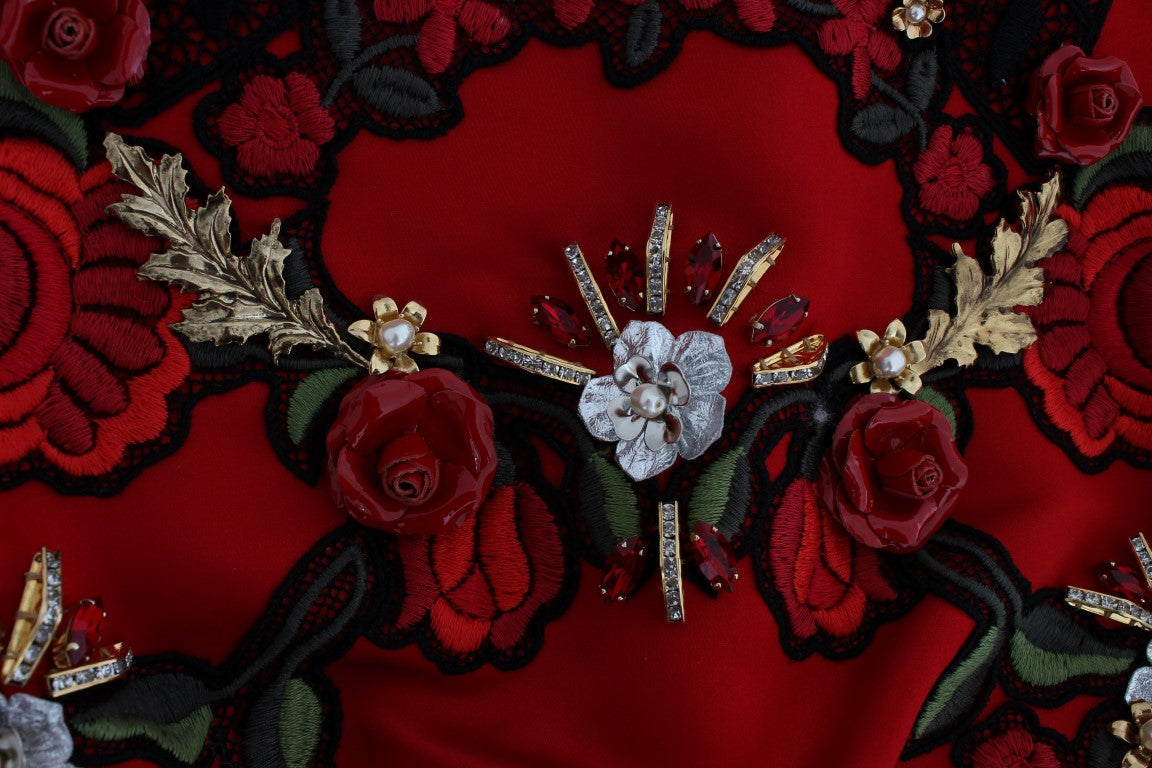 Dolce & Gabbana Red Silk Crystal Rose Shorts