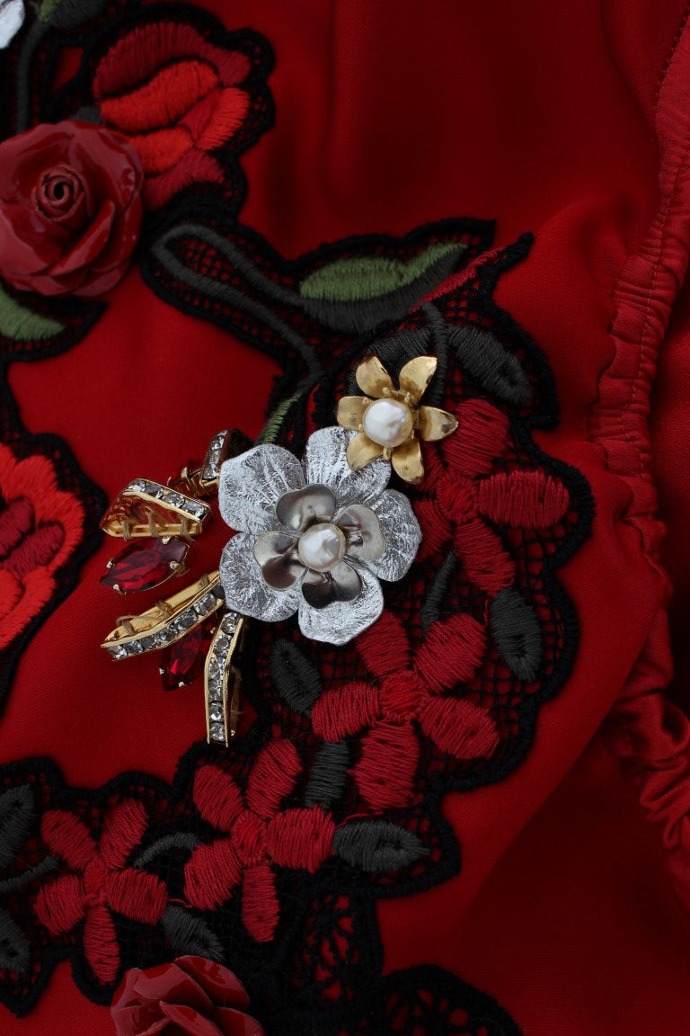 Dolce & Gabbana Red Silk Crystal Rose Shorts