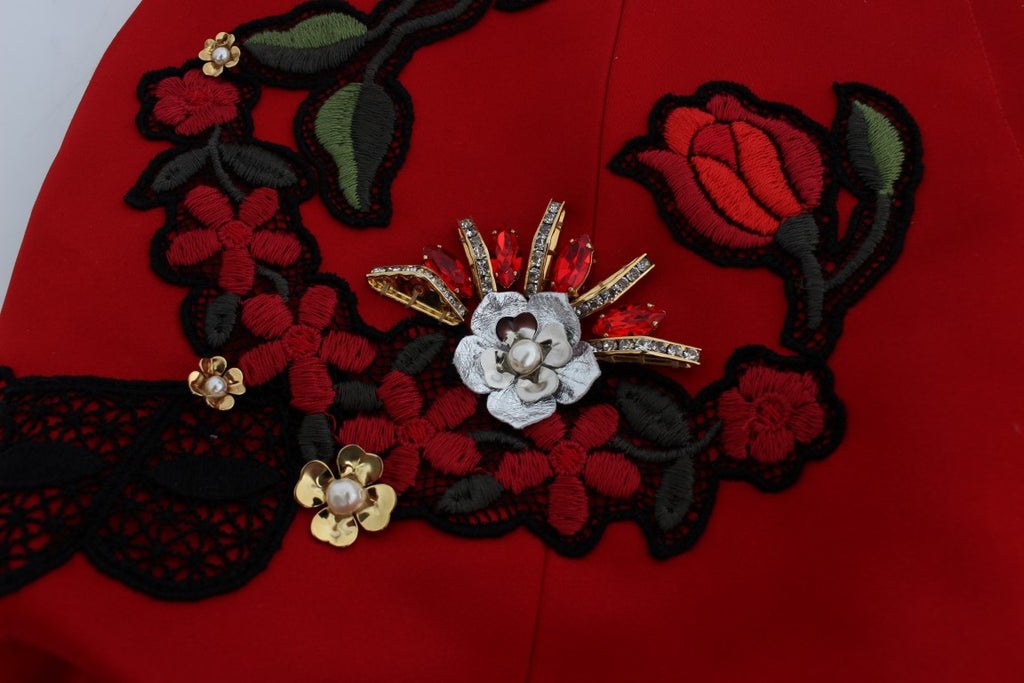 Dolce & Gabbana Red Silk Crystal Rose Shorts