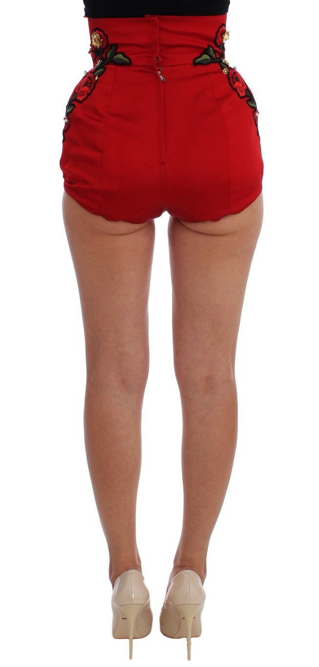 Dolce & Gabbana Red Silk Crystal Rose Shorts