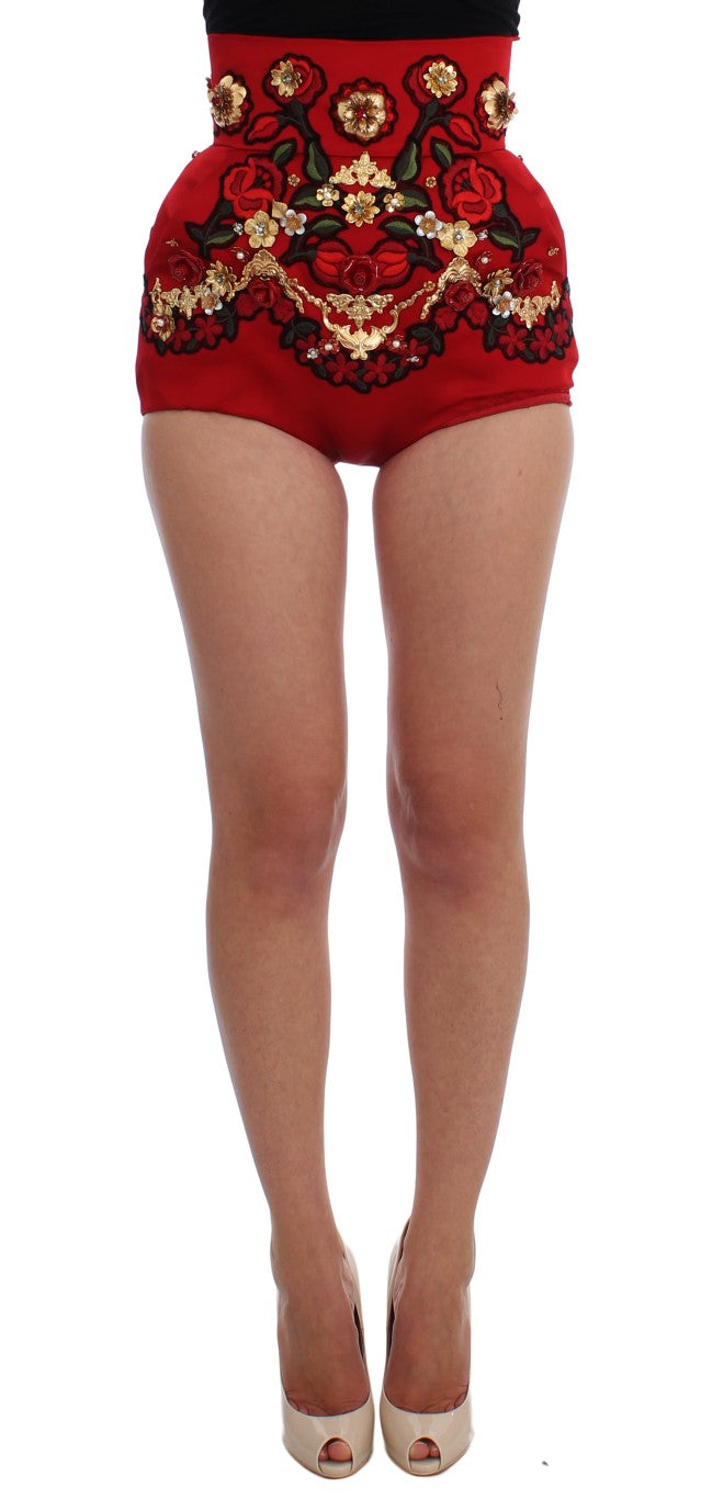 Dolce & Gabbana Red Silk Crystal Rose Shorts