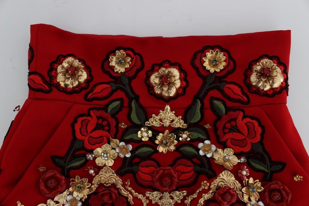 Dolce & Gabbana Red Silk Crystal Rose Shorts