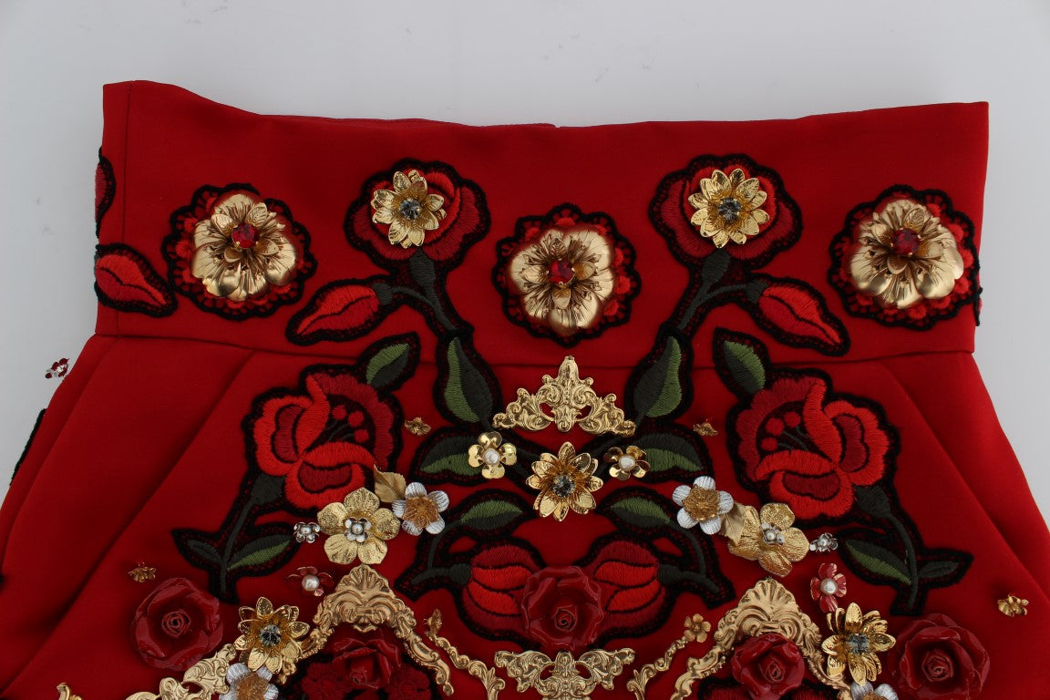 Dolce & Gabbana Red Silk Crystal Rose Shorts