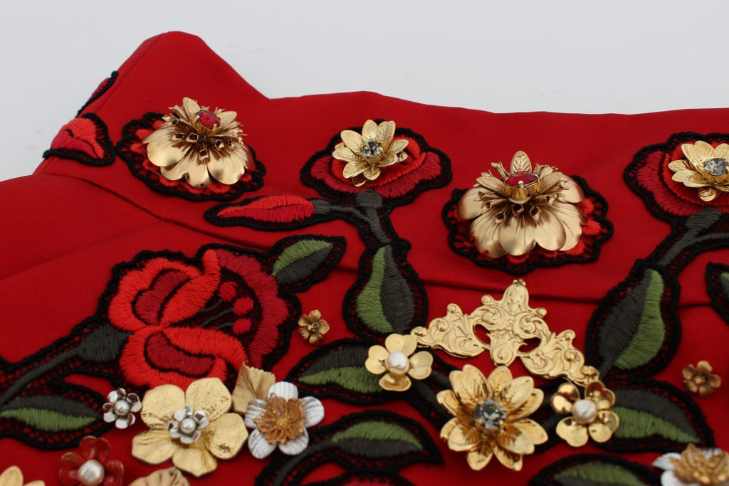 Dolce & Gabbana Red Silk Crystal Rose Shorts