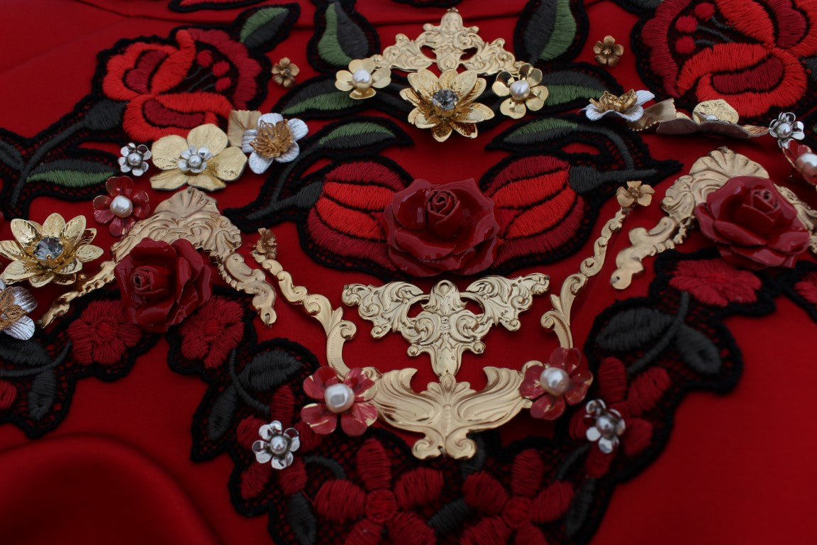 Dolce & Gabbana Red Silk Crystal Rose Shorts