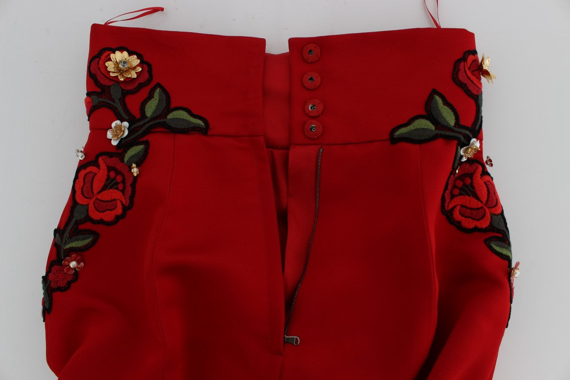 Dolce & Gabbana Red Silk Crystal Rose Shorts
