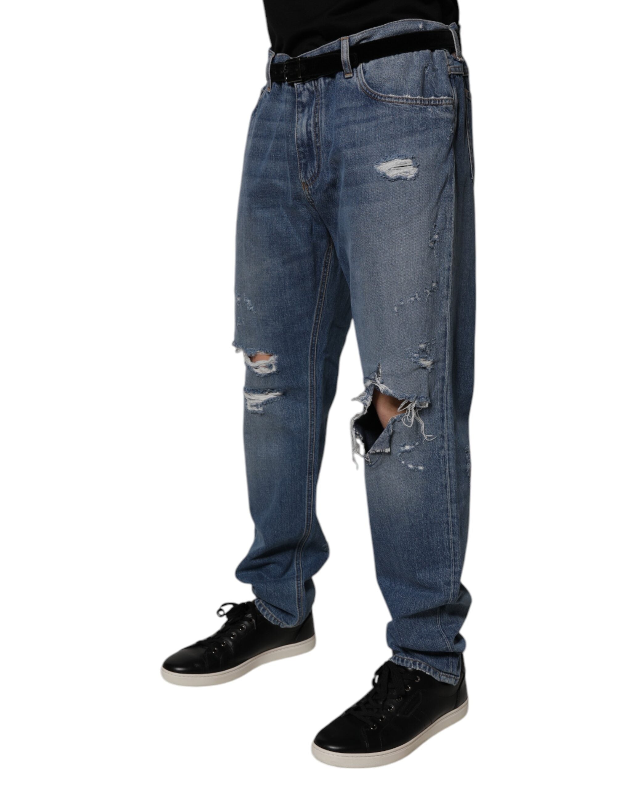 Dolce & Gabbana Blaue zerfledderte Straight Denim Jeans aus Baumwolle