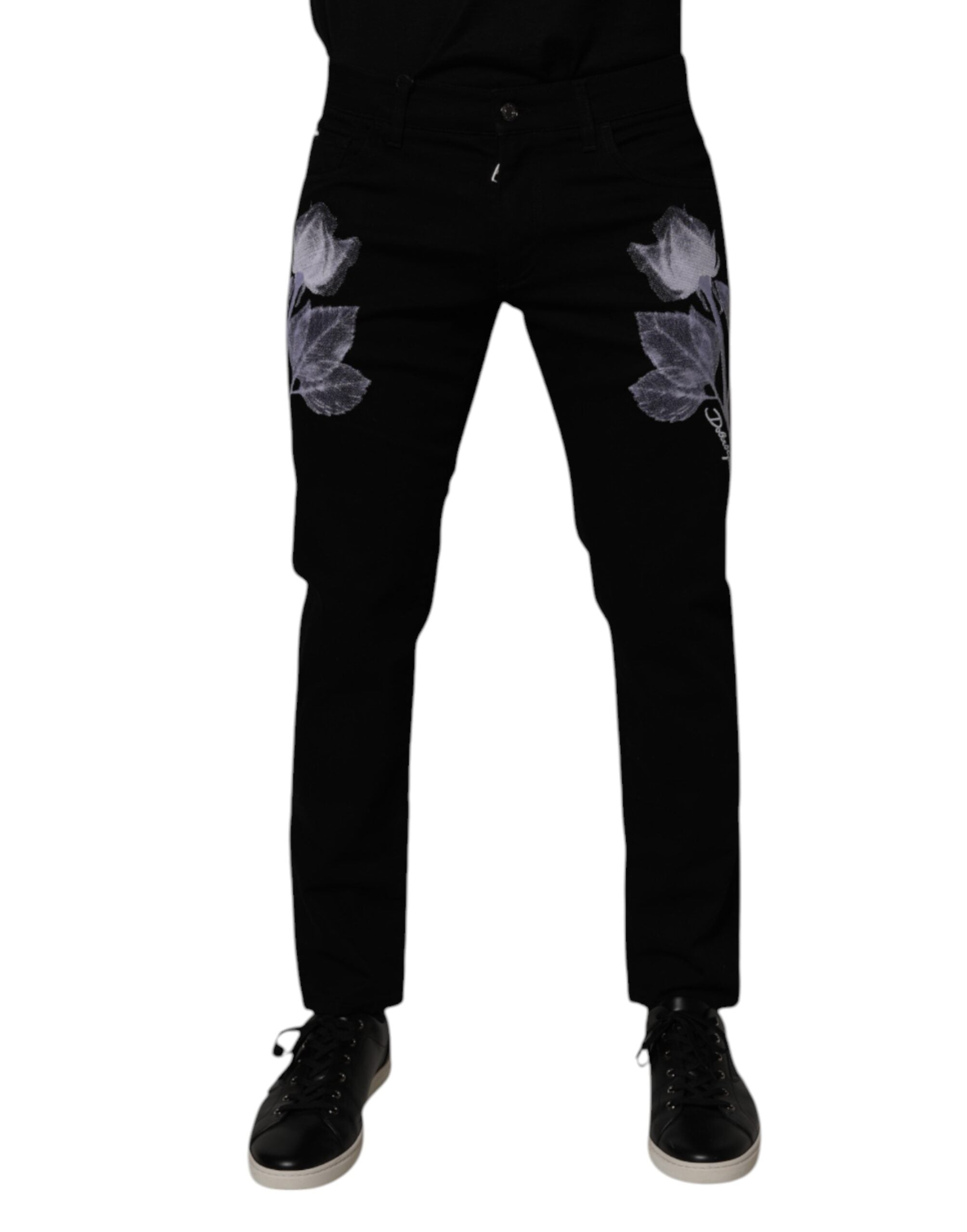 Dolce & Gabbana Schwarze florale Baumwoll-Skinny-Jeans für Männer aus Denim
