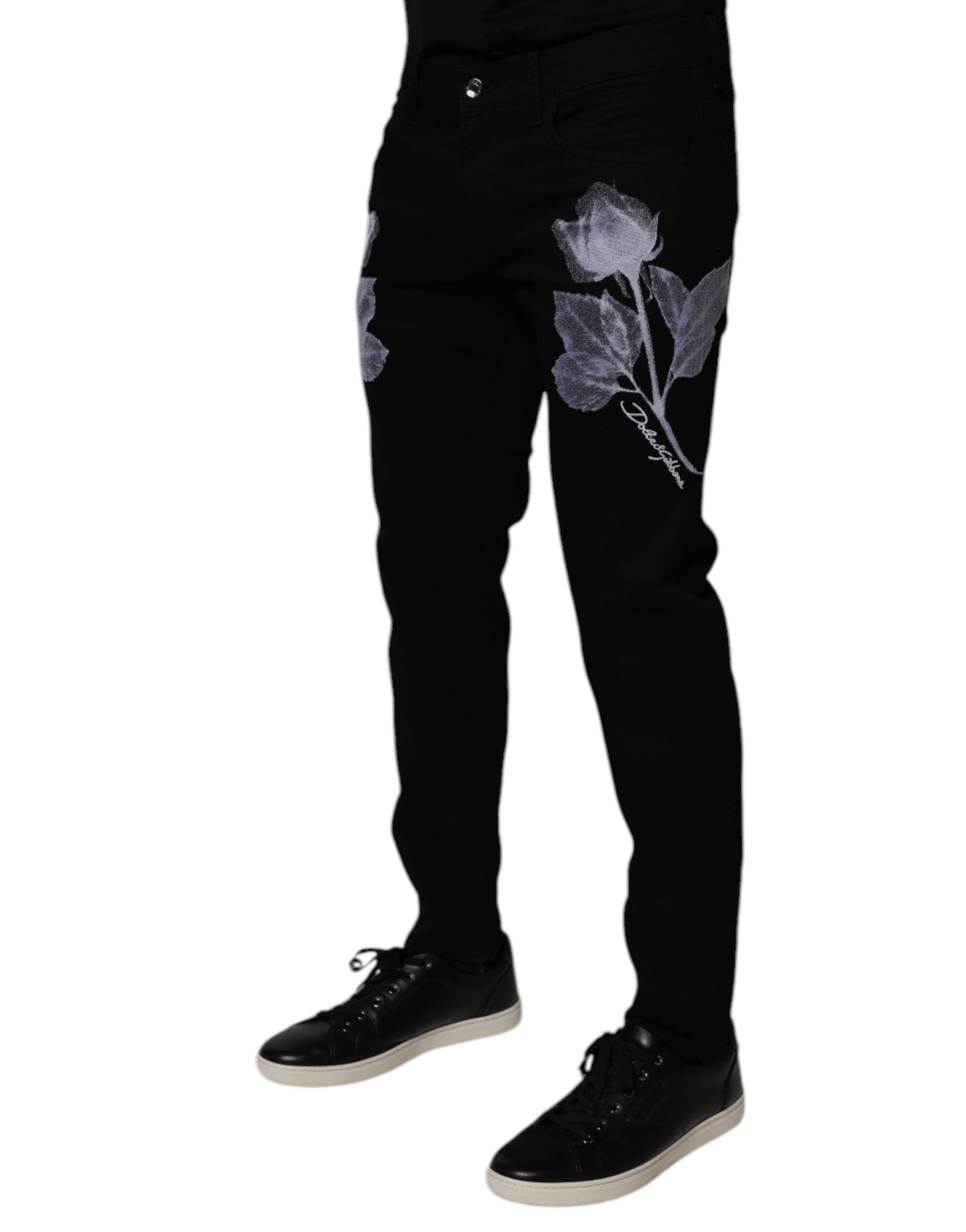 Dolce & Gabbana Schwarze florale Baumwoll-Skinny-Jeans für Männer aus Denim