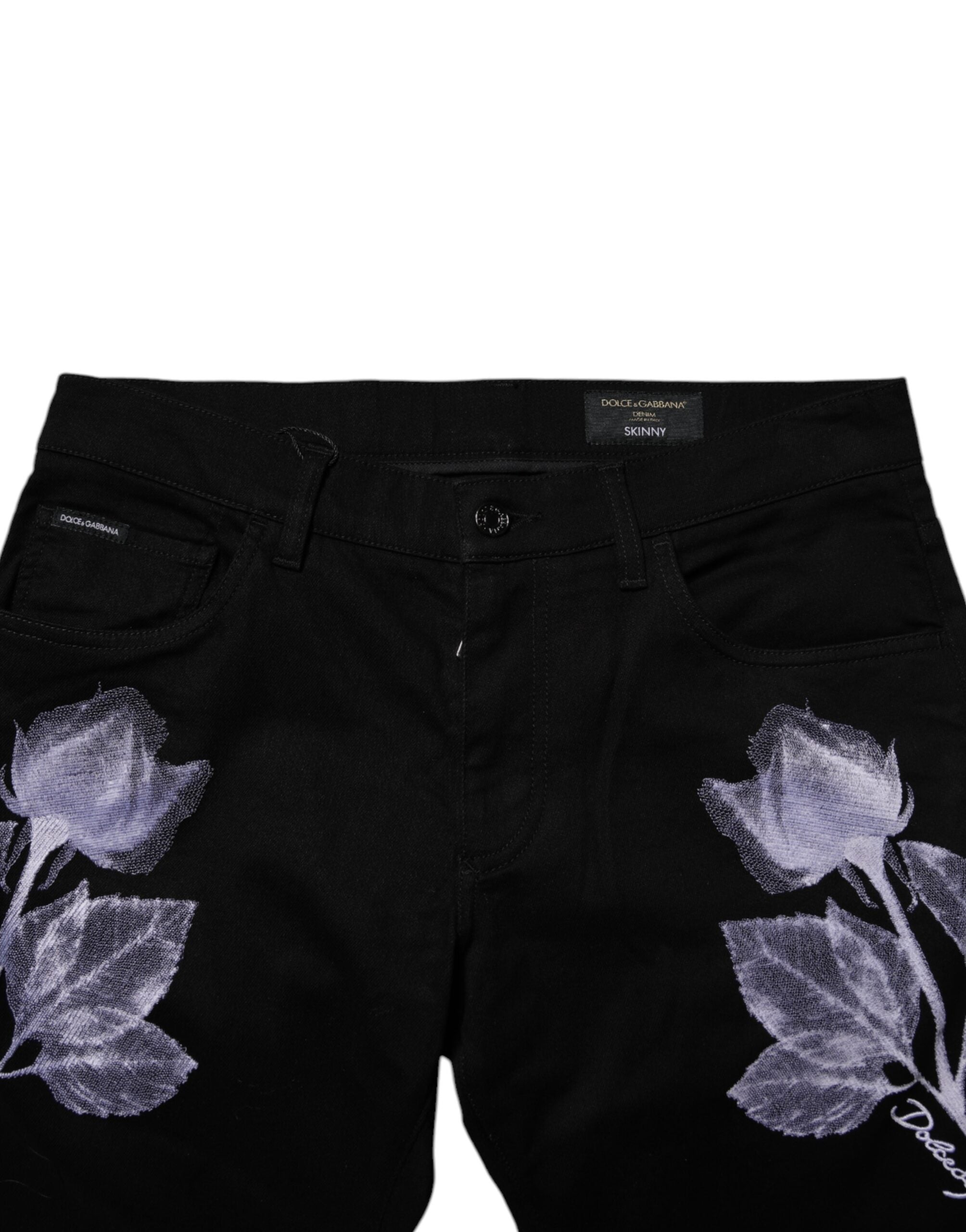 Dolce & Gabbana Schwarze florale Baumwoll-Skinny-Jeans für Männer aus Denim