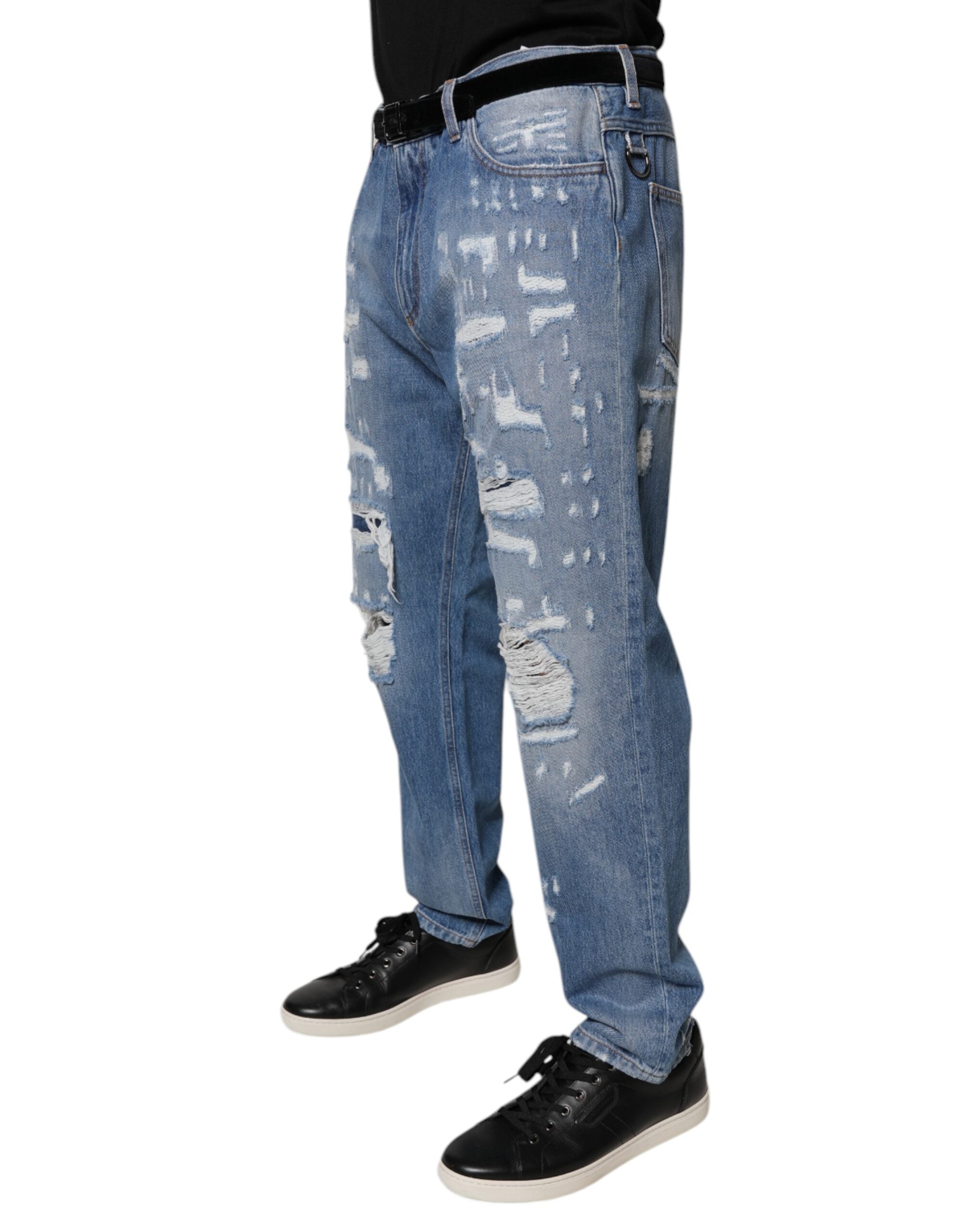 Dolce & Gabbana Blaue zerfledderte Straight Cotton Denim Jeans