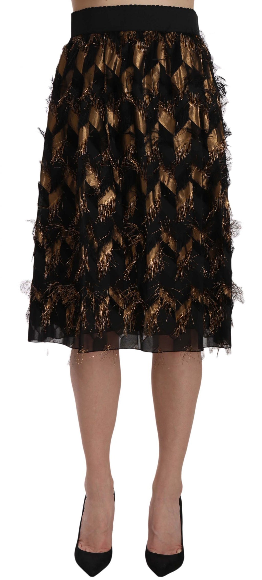 Dolce & Gabbana Schwarzer Goldfransen-Metallic-Bleistiftrock in A-Linie