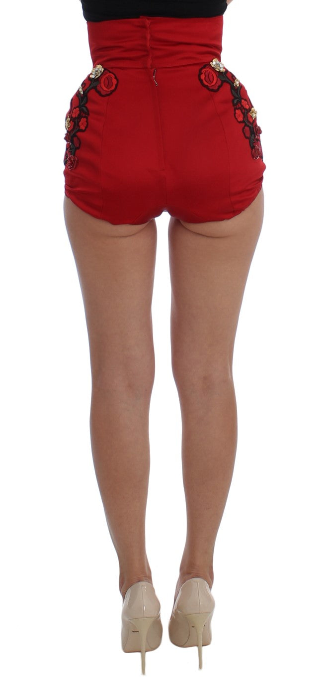 Dolce & Gabbana Red Silk Crystal Rose Shorts