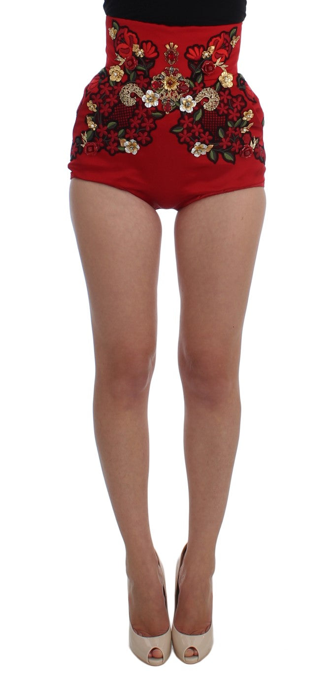 Dolce & Gabbana Red Silk Crystal Rose Shorts