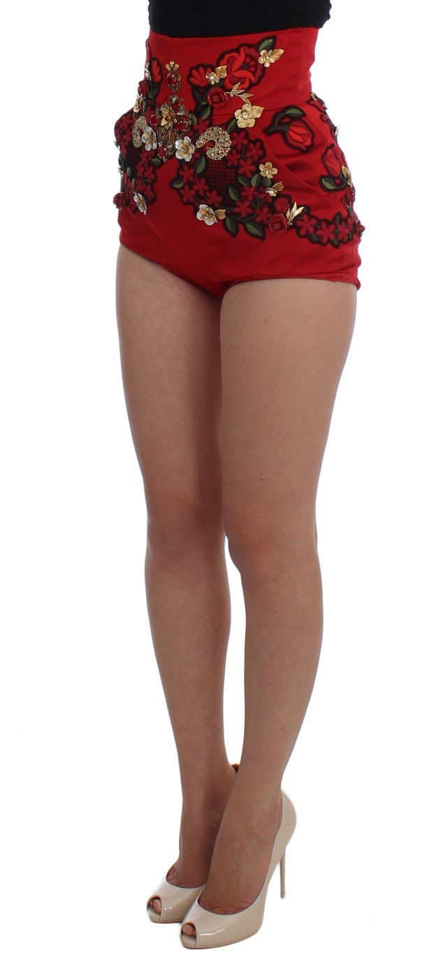 Dolce & Gabbana Red Silk Crystal Rose Shorts
