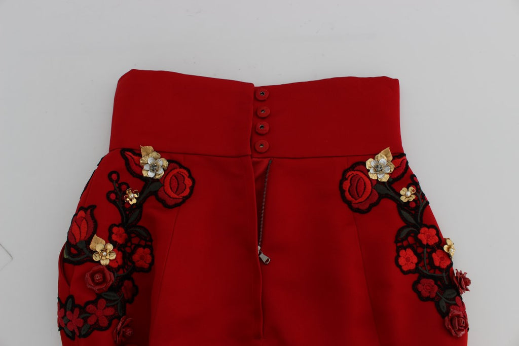 Dolce & Gabbana Red Silk Crystal Rose Shorts