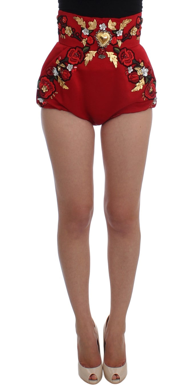Dolce & Gabbana Red Silk Crystal Rose Shorts