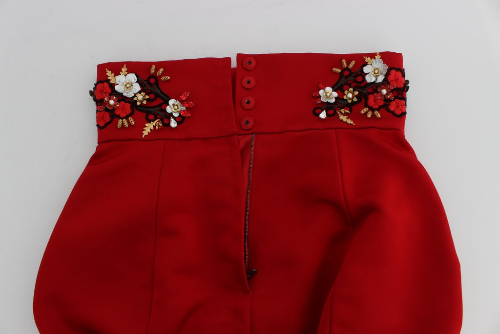 Dolce & Gabbana Red Silk Crystal Rose Shorts