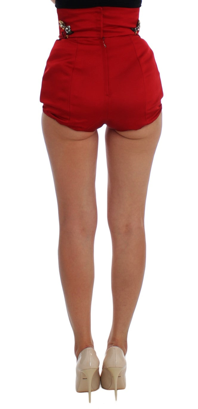 Dolce & Gabbana Red Silk Crystal Rose Shorts