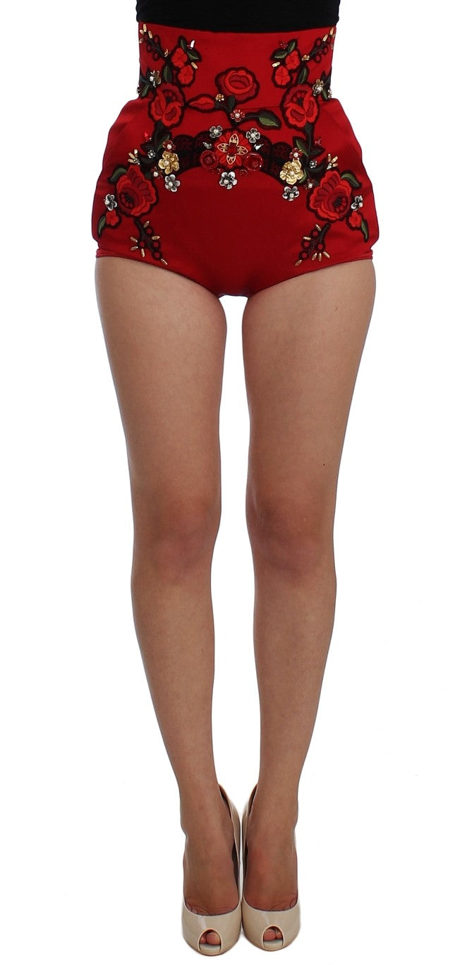 Dolce & Gabbana Red Silk Crystal Rose Shorts