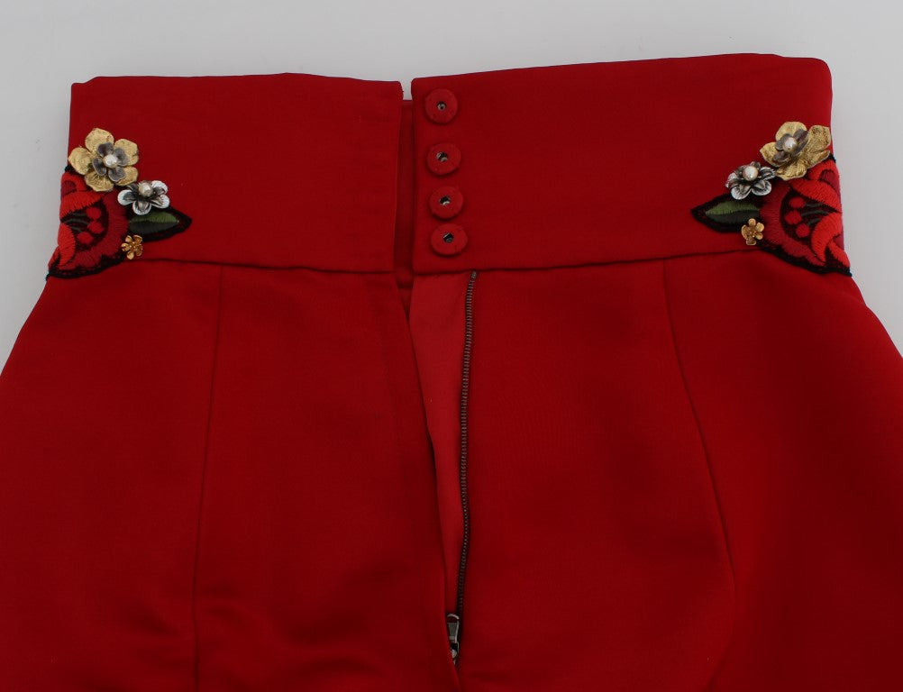 Dolce & Gabbana Red Silk Crystal Rose Shorts