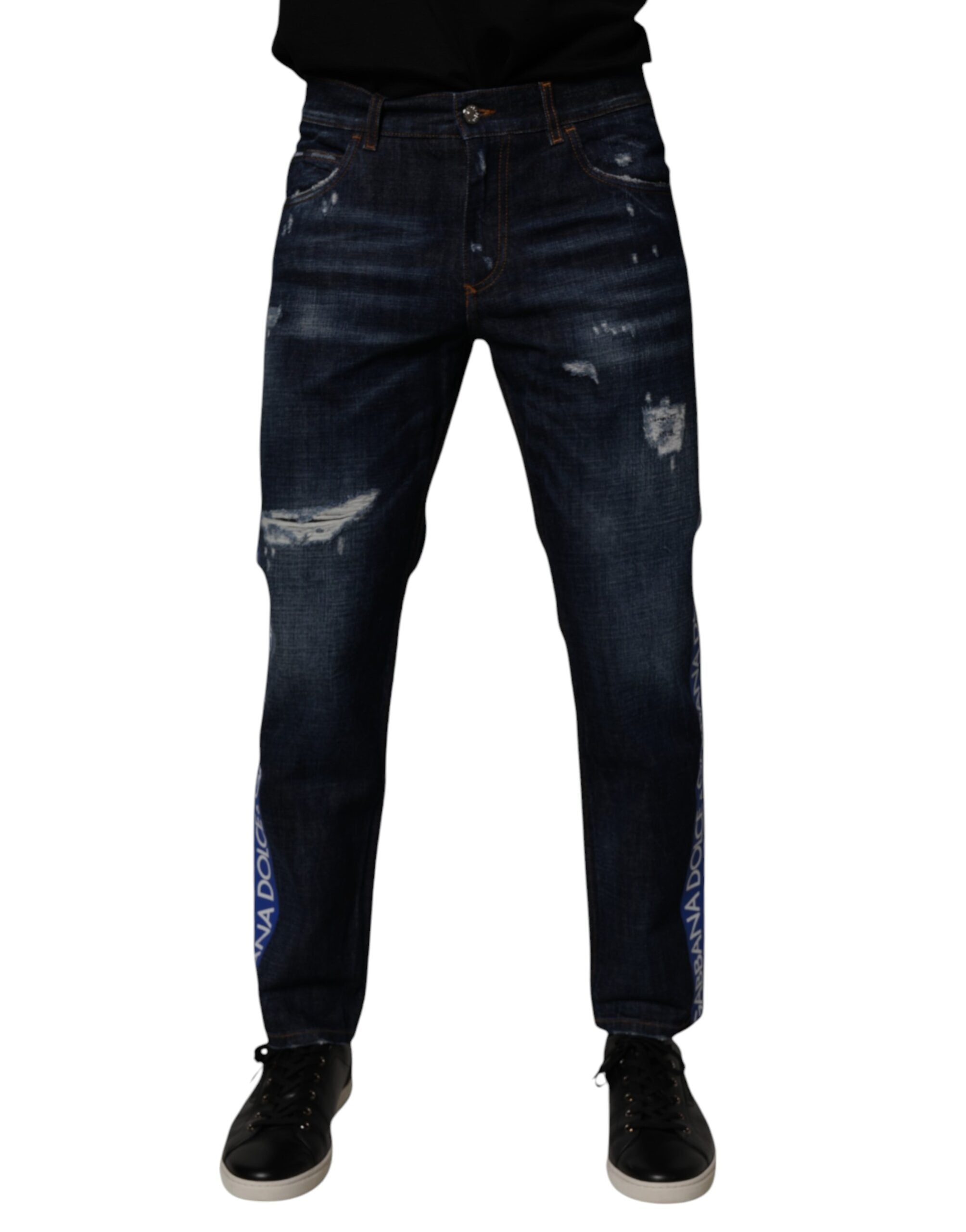 Dolce & Gabbana Dark Blue Distressed Cotton Skinny Denim Jeans