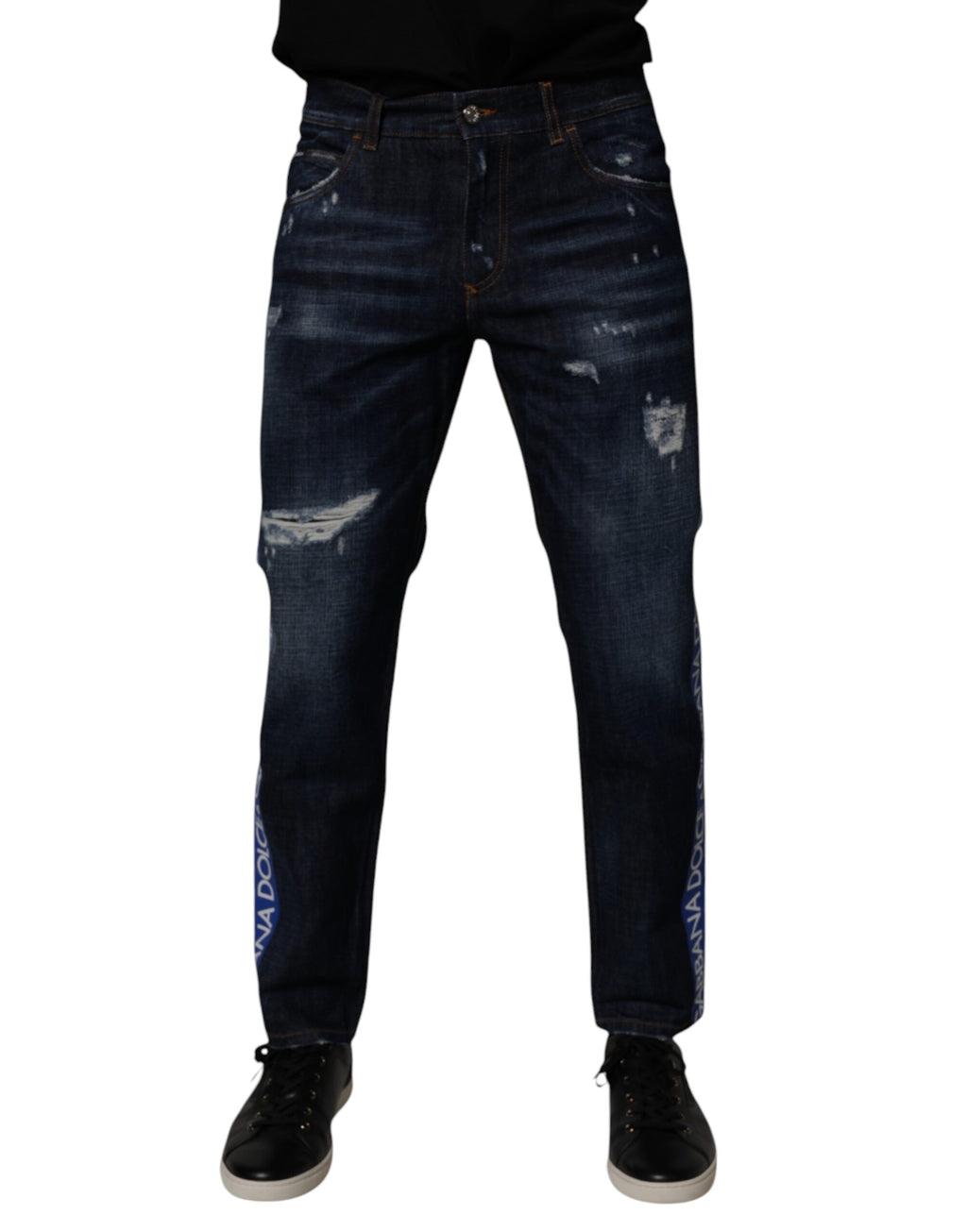 Dolce & Gabbana Dark Blue Distressed Cotton Skinny Denim Jeans