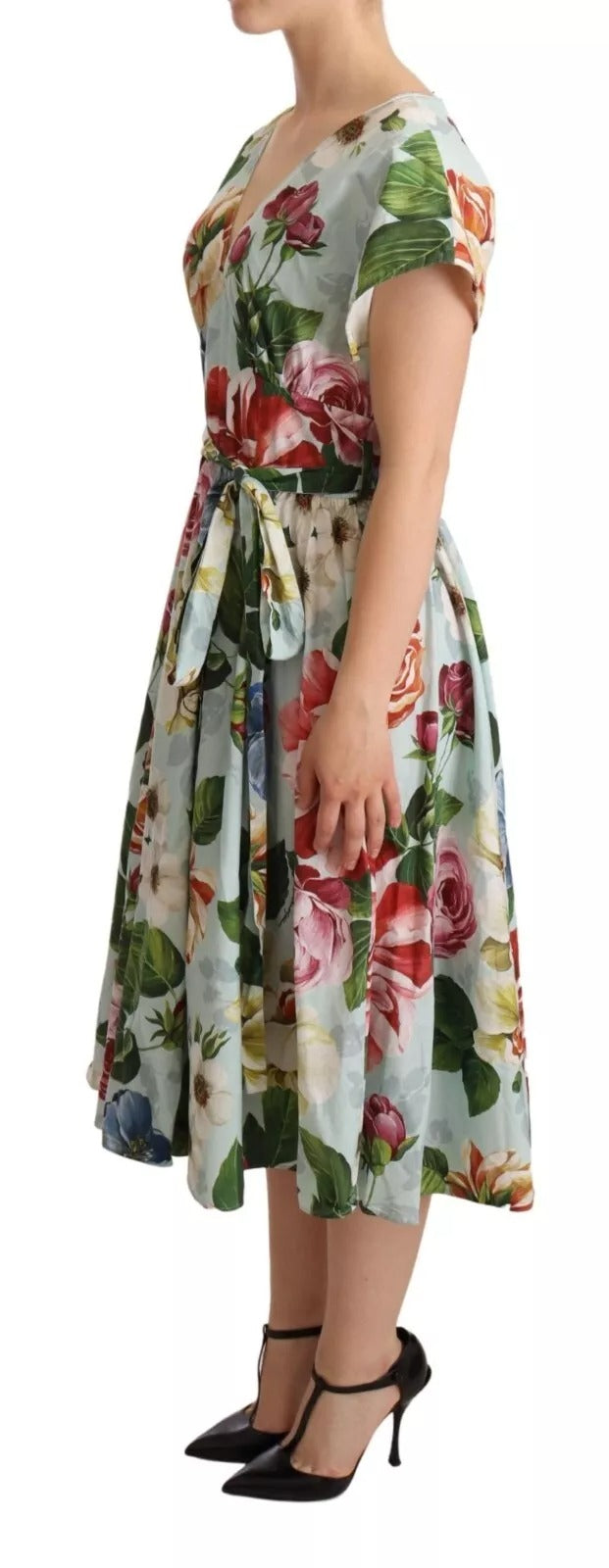 Dolce & Gabbana Grünes geblümtes Baumwollkleid mit kurzen Ärmeln und V-Ausschnitt