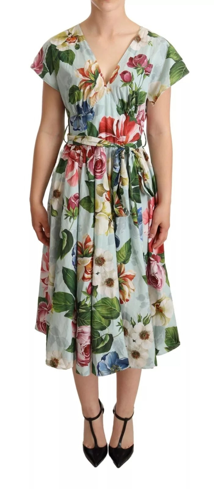 Dolce & Gabbana Grünes geblümtes Baumwollkleid mit kurzen Ärmeln und V-Ausschnitt