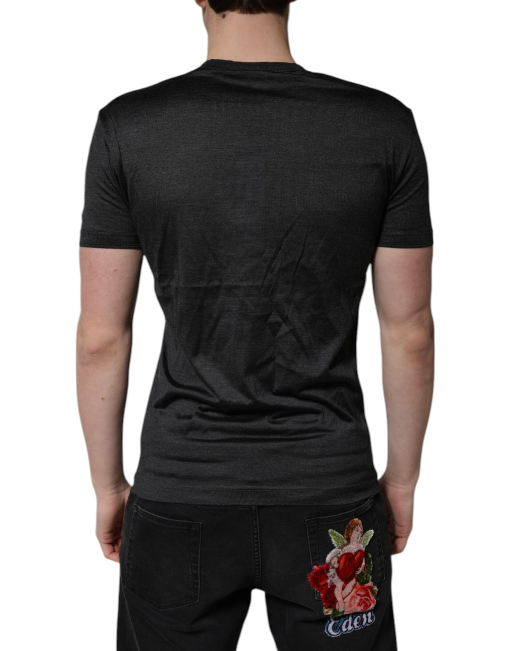 Dolce & Gabbana Dunkelgraues Seiden-T-Shirt mit V-Ausschnitt und kurzen Ärmeln
