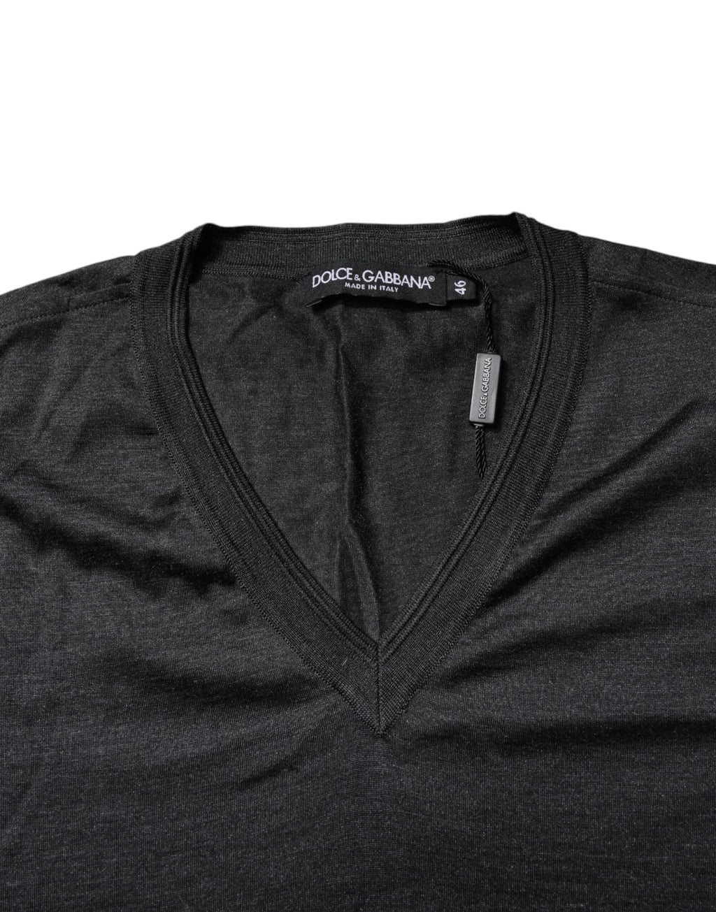 Dolce & Gabbana Dunkelgraues Seiden-T-Shirt mit V-Ausschnitt und kurzen Ärmeln